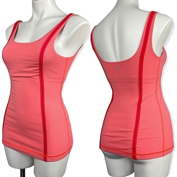 Lululemon Neon Orange Pink Striped Scoop Neck Tank Top Built In Sports Bra 4 - Picture 1 of 13